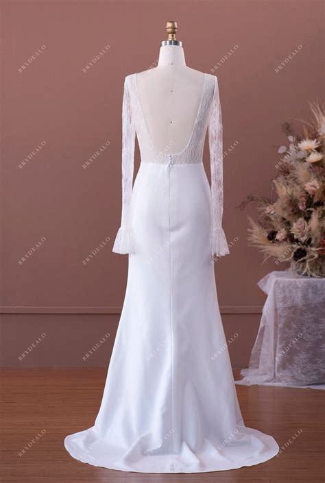 Sheer Lace Sleeved Elegant Crepe Mermaid Wedding Dress
