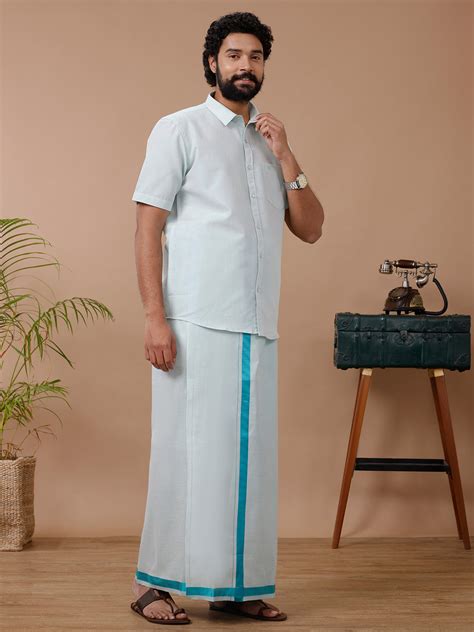 men tissue ramar green dhoti  sleeves shirt set