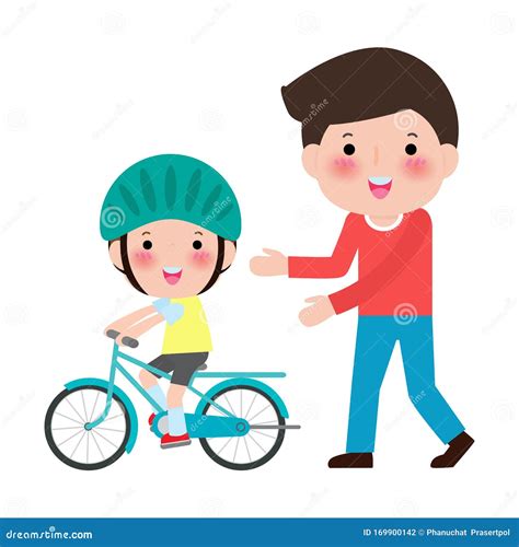 Father Teaches Son To Ride a Bike. Kid Learns To Ride Bicycle