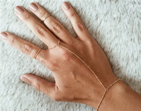 beaded hand chain ring bracelet   gold fill etsy
