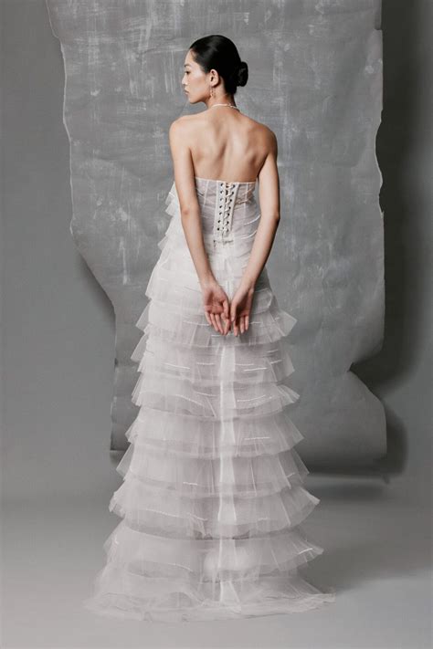 White Tiered Mesh Gown with Beaded & Crystal Evening Dress - Phan Huy