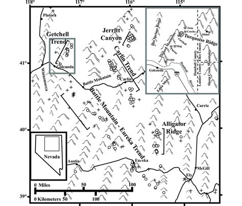 Overview map of Carlin-type gold deposits in Nevada, showing the main ...