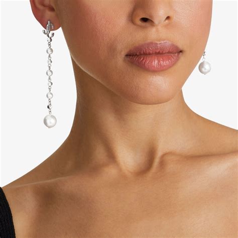silver finish metal pearl drop earrings  crystals jc drop earrings