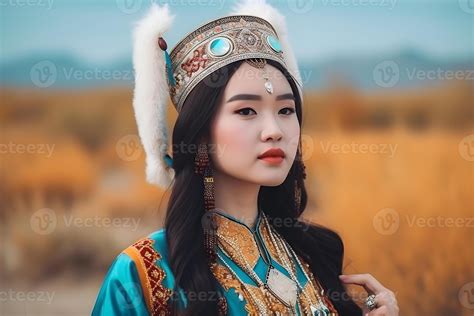 beautiful kazakh asian woman portrait in national costume. Woman with