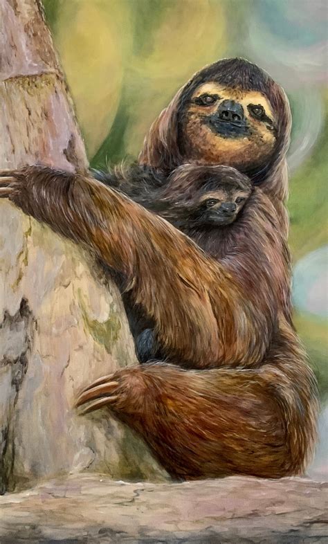 Sloth, Sloth Art, Sloth Painting, Sloth Decor, Mother and Baby Sloth ...