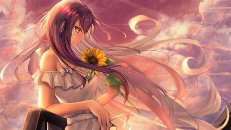 Anime girl Wallpaper 4K, Happy Mood, Sunflower, Alone, 5K