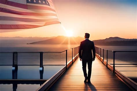 premium photo  man stands   deck    sunset