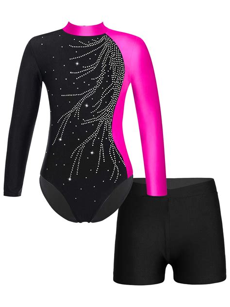 YIZYIF Girls Long Sleeve Dance Leotard with Booty Shorts Outfit Shiny