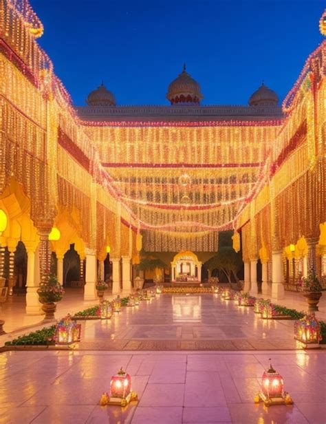 Premium AI Image | A majestic palace courtyard decorated with colorful ...