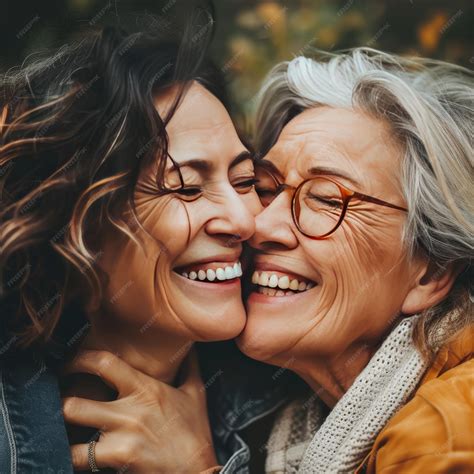 Happy Adult Daughter Kissing Cheerfully Her Mom Isolated on Solid