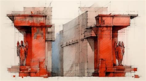 Premium AI Image | Gothic Architecture Drawing With Large Red Columns ...