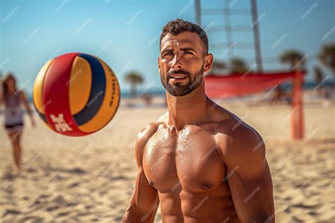 Premium AI Image | Male beach volleyball players play a volleyball match on the beach in the daytime