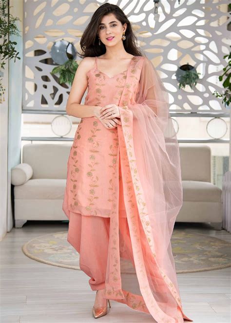 peach embroidered readymade punjabi suit  dupatta latest sl