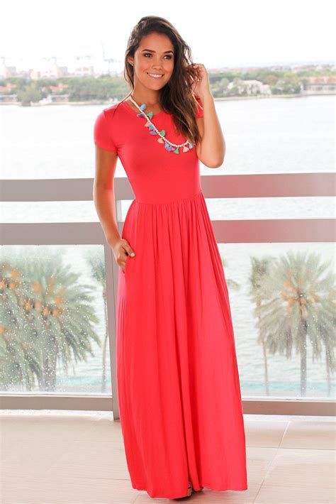 Coral Short Sleeve Maxi Dress with Pockets | Maxi Dresses – Saved by