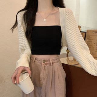 Korean fashion loose hollowed out short top cardigan long sleeve ...