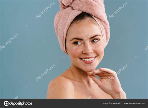 Joyful Shirtless Girl Towel Posing Smiling Camera Isolated Blue ...
