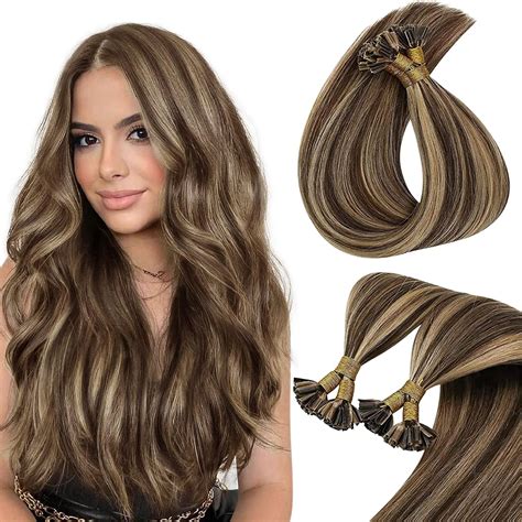 Amazon.com : Sunny U Tip Hair Extensions Human Hair Brown Highlights