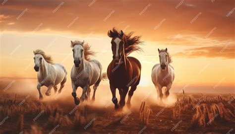 Premium Photo | Four horses running in a field with a beautiful sunset ...