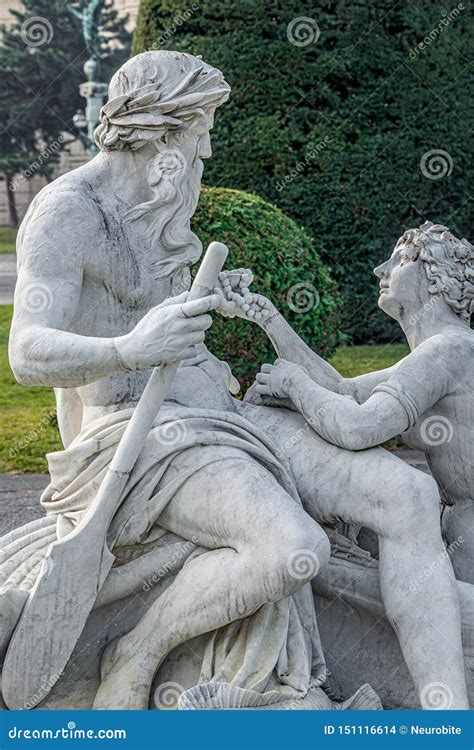 Old Fountain Statue of Two Sensual Renaissance Era Woman and Man in ...