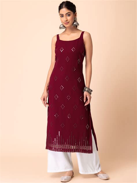 buy indya sleeveless mirror work straight kurta kurtas  women