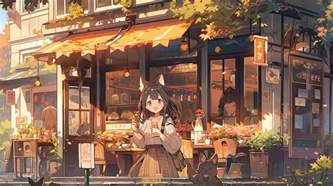 Premium Photo | Anime girl standing outside a cafe with a cat and a cat ...