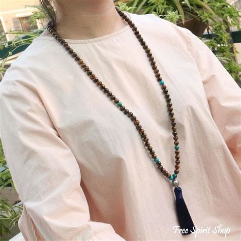 Tibetan 108 Natural Tiger Eye & Blue Tassel Mala Prayer Beads