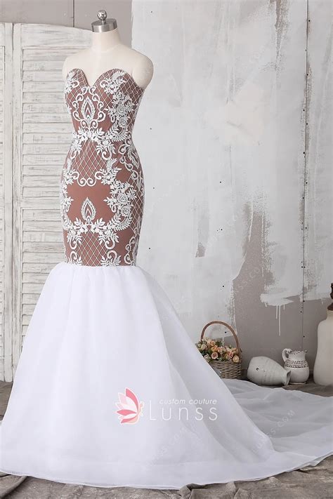 Dark Nude Inner Ivory Lace Sweetheart Trumpet Bridal Gown - Lunss