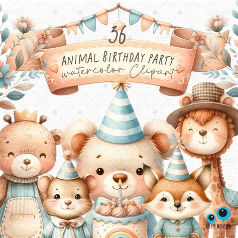 Animal Birthday Party Watercolor Clipart, Animals Png, Clipart for ...