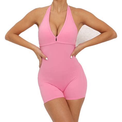 Womens Sexy Workout Rompers Halter V Neck Backless Unitard Bodysuit