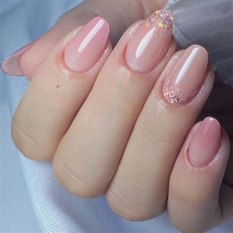 soft touch short oval baby pink press  nails  glitter accents
