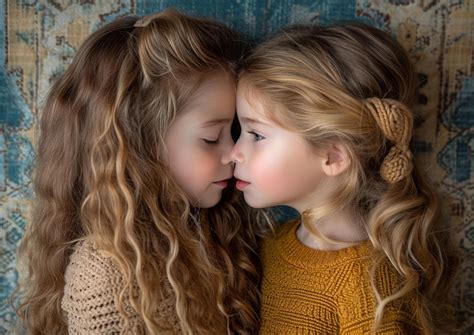 AI generated two daughters kissing on their faces, standing next to a