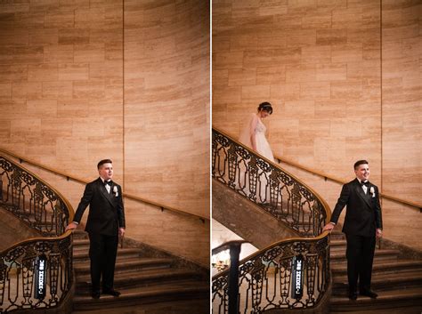 hotel dupont wedding first look on stairs - Susan Stripling Photography