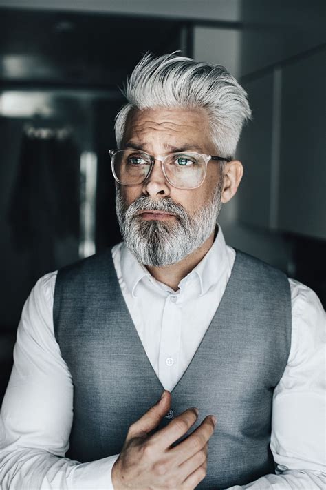 Bearded gray/silver haired swede model Male silver fox portraits