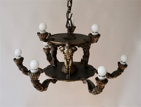 French Bronze Art Deco Hollywood Regency Chandelier Showing Male Nude