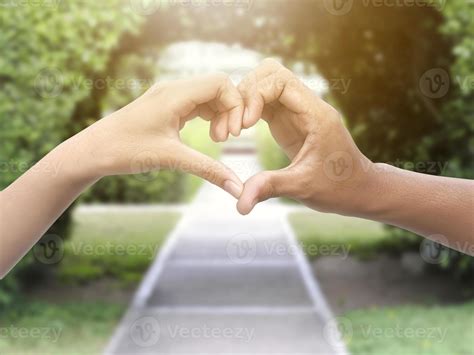 couple making heart shape with hands in park 10220292 Stock Photo at Vecteezy