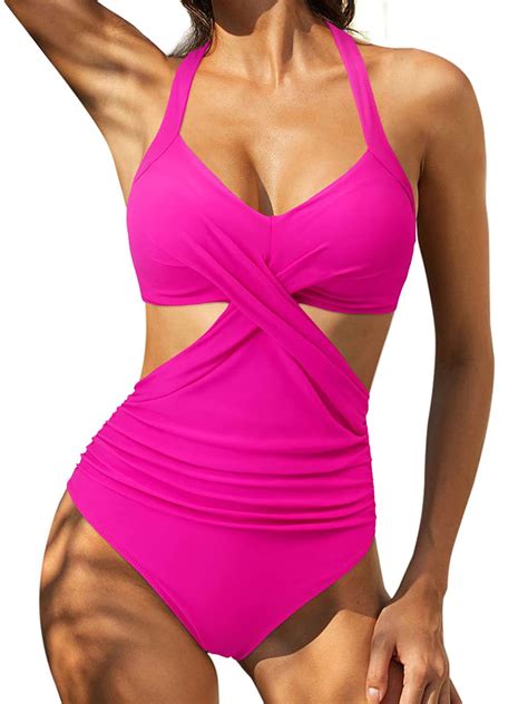 Women Cutout One Piece Swimsuits Sexy Criss Cross Halter Tie Back