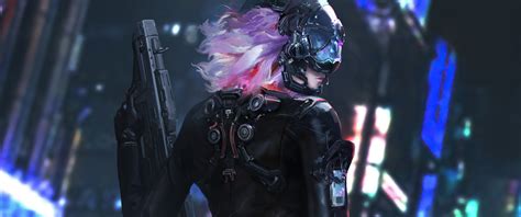 cyber girl latex suit  gun  ultrawide quad hd p hd