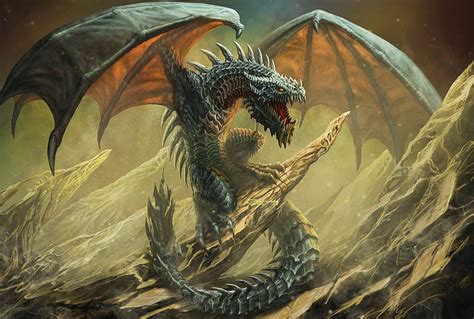 Dragon, art, wings, orange, luminos, drakon, yellow, fantasy, green, HD ...