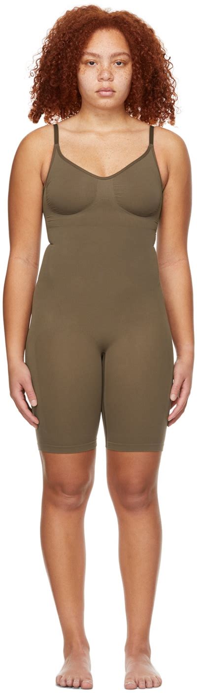 skims brown seamless sculpting mid thigh bodysuit skims