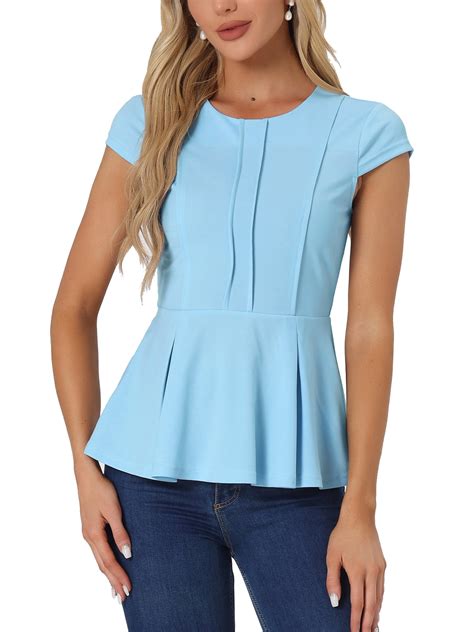 inspire chic outfit womens peplum tops cap sleeve  neck solid