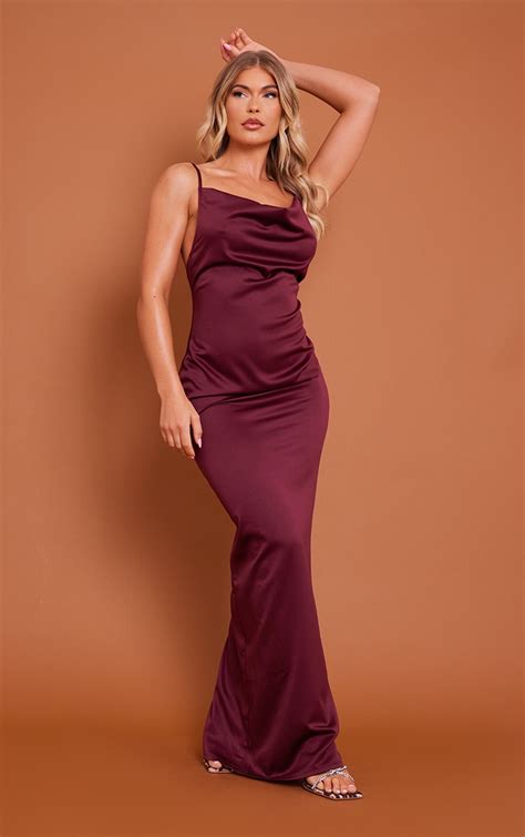burgundy satin cowl neck maxi dress dresses prettylittlething ire