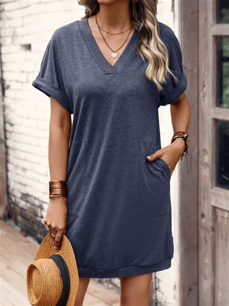 SHEIN LUNE Solid Slant Pocket Batwing Sleeve Hidden Pocket Dress