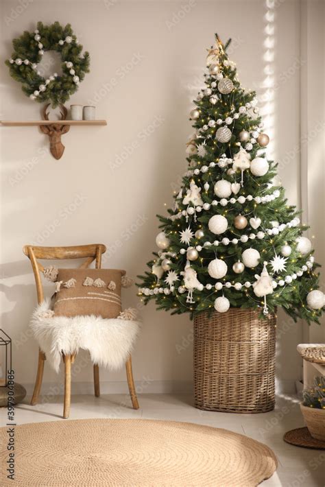 Beautiful decorated Christmas tree in festive room interior Stock Photo ...