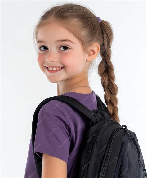 11yearold cute white girl smiling wearing a purple shirt and carrying a