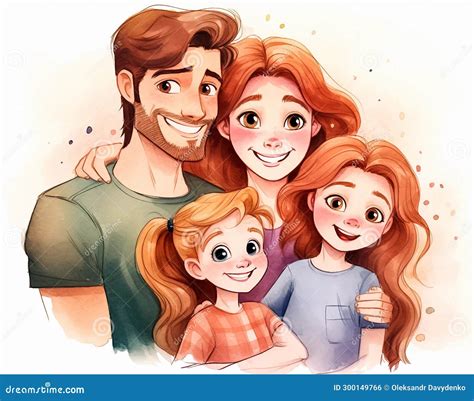 retrato familiar padres felices  dos hijas ilustracion de la