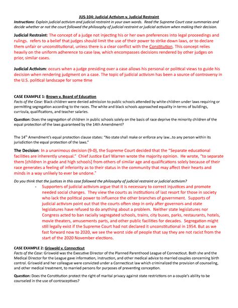 JUS-104 - Judical Activism v. Judicial Restraint - JUS-104: Judicial
