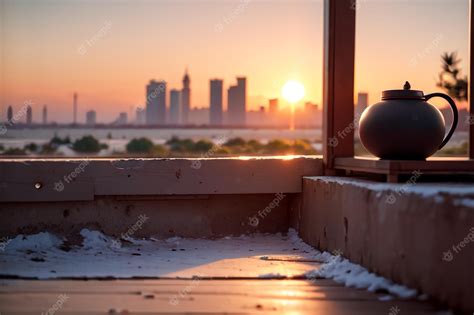 Premium Photo | A balcony with a view of the city in the background