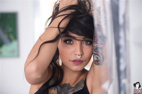 Fishball Suicide, pierced nose, brunette, hands in hair, armpits, face