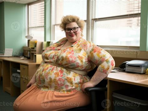 a fat woman sitting on a chair in an office generative ai 32090350