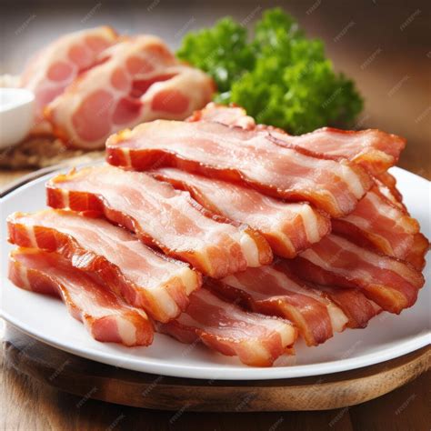 sliced pork belly bacon served   dining table premium ai